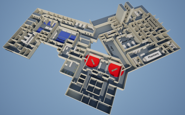 A screenshot of the basement for my game's world. There are many complex corridors and rooms stuffed into the footprint of the building here. Various departments are labeled, such as occupational therapy, physical therapy, speech therapy, radiology, pharmacy, pathology, EKG stress labs, and the kitchen.

(A wall may have accidentally been hidden in this screenshot, but we won't talk about that. That's going to be a secret between me and all the cool people who use ALT-text.)