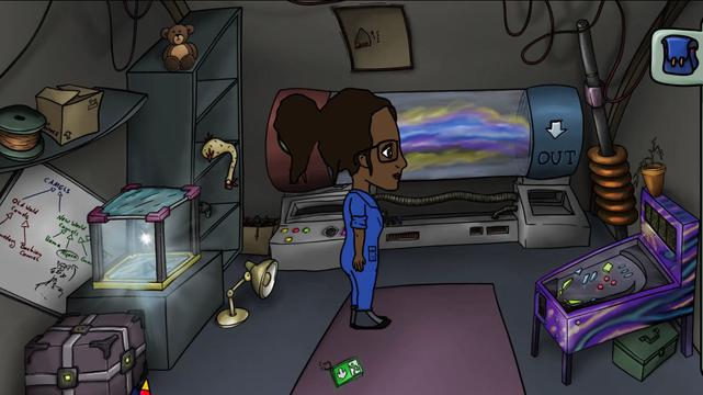 A game screenshot. The scene is drawn. There is a female astronaut standing in a room that is cluttered with stuff. There are shelves with boxes, copper wire, a rubber chicken, a teddy bear, and a whiteboard. There is a desk lamp, a pinball machine and a dead plant in a plant pod. Wires are hanging from the ceiling. On the left, there is a 3D printer that produces a light flash while printing. In the back of the scene is a big recycling machine that looks like a glass cylinder with colorful light beams in it.