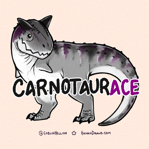 A digital drawing of a Carnotaurus, in the pride flag colours for Asexuality (Black, grey, white, and purple). In front of it is written text saying in all caps: Carnotaurace.