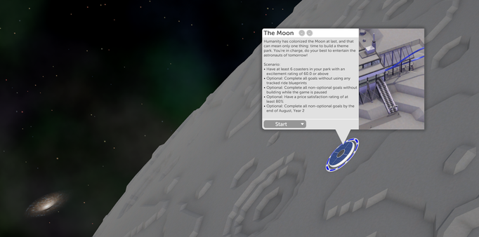 Screenshot of Parkitect level select, a location point on the moon, with the level description including "Have 6 coasters in your park with an excitement rating of 60 or above"