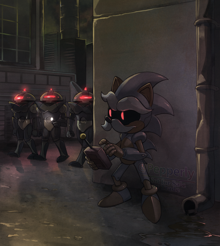 A moody image of Uncle Chuck from SatAM Sonic holding a remote, waiting for Swatbots who are around the corner.