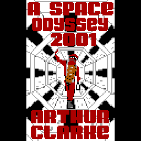 An astronaut in a red spacesuit carefully threads his way through the octagonal black-and-white corridor of a spaceship.