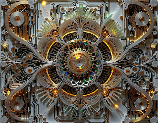 An intricate electronic mandala with symmetrical glowing golden circuitry, white components, and iridescent accent elements. Futuristic style.