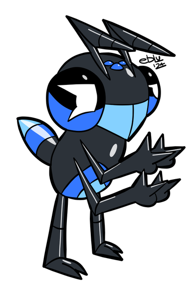 A gray and blue ant makes finger guns with all four of his hands as he makes an expression as close to a goofy smirk as possible without an expressive mouth.