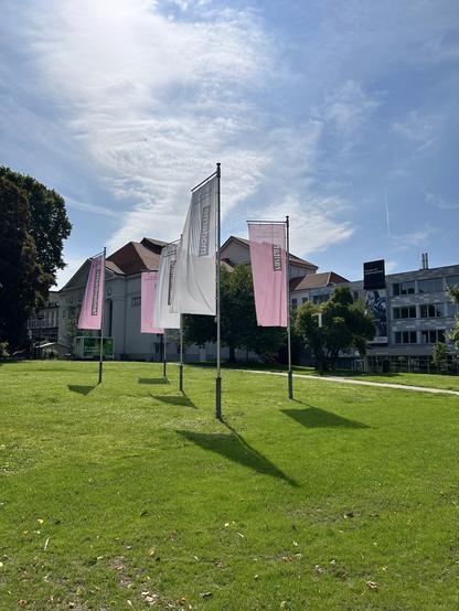 Vor dem Theater Hildesheim Fahnen im sommerlichen Sonnenschein.