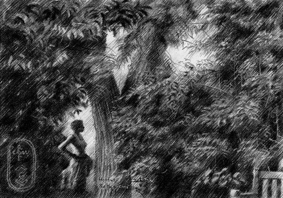 impressionist landscape graphite pencil drawing