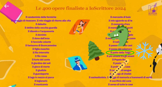 Lista di titoli qualificatisi alle fasi finali del torneo. Sulla destra, il titolo della mia opera.