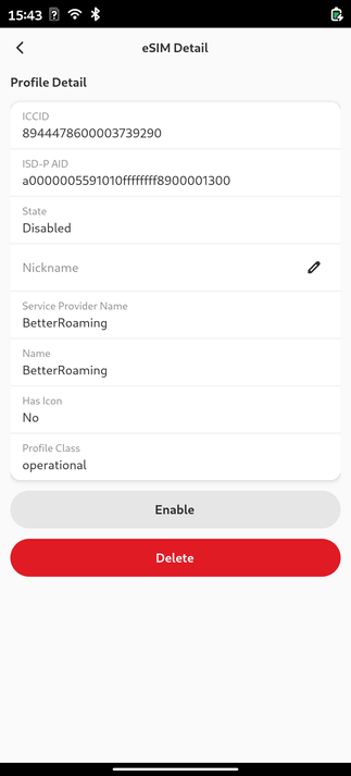 Detail screen from eSIM Manager app, showing the various properties from an installed SIM profile