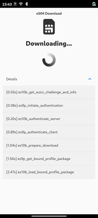 Download screen of eSIM Manager, showing the progress of eSIM profile that's currently being downloaded