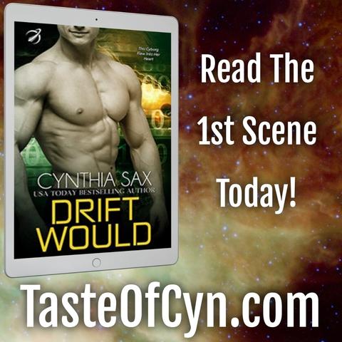 The cover of Drift Would displayed against the backdrop of the universe. The cover of Drift Would features a smiling bare-chested male cyborg pilot unsure if he should trust his human heroine.
