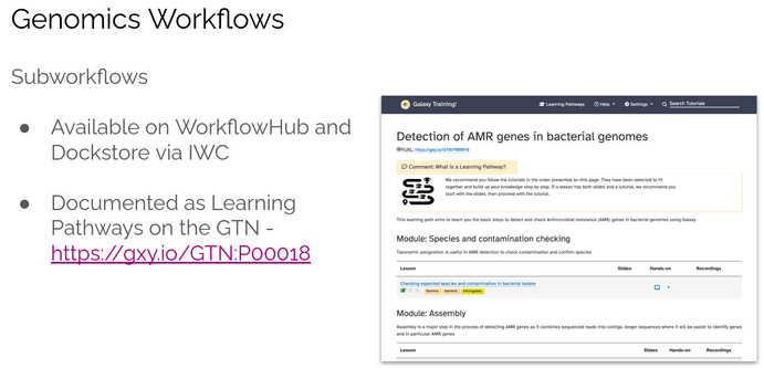 Workflows are available via the Dockstore and WorkflowHub registires and an entire Learning Pathway has been set up on Detection of AMR genes in bacterial genomes through the Galaxy Training Network.