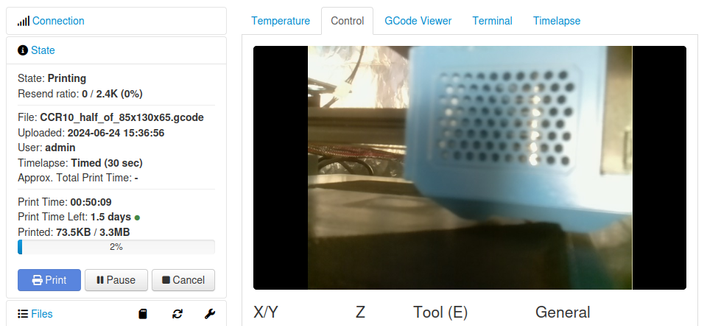 A partial screen print of the Octoprint page for my 3D printer showing that I am 50 minutes into a 1.5 day print.
