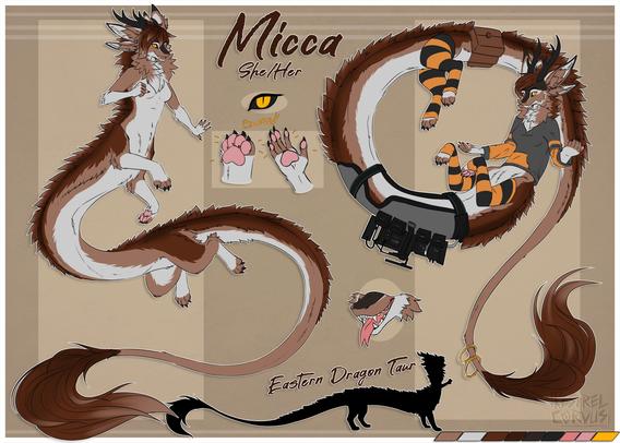 Reference sheet for "Micca", a Eastern Dragon Taur. Brown and white, natural counter-shading type coloring. Pink beans and tongue, yellow eyes, very very long. No obvious scales, just a lot of fluffy fur. Huge tail poof/brush. Forked tongue. Camera mounted to her back.