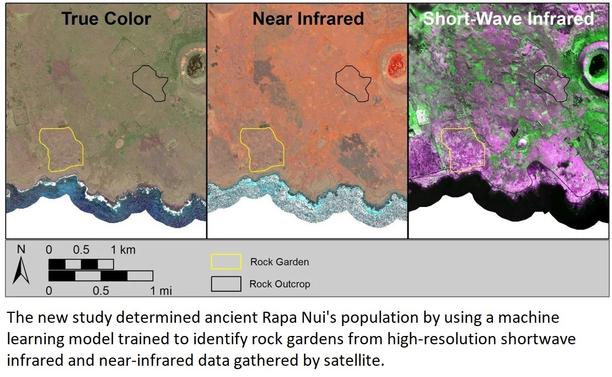 maps / satellite images - The new study determined ancient Rapa Nui's population by using a machine learning model trained to identify rock gardens from high-resolution shortwave infrared and near-infrared data gathered by satellite.