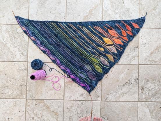 An in-progress triangular shawl with a rainbow of leafy short row shapes contrasted with a dark blue. Beside it are a blue ball and a pink/rainbow cone of yarn. Terri's toes are visible the very bottom of the image because she didn't feel like cropping them out.