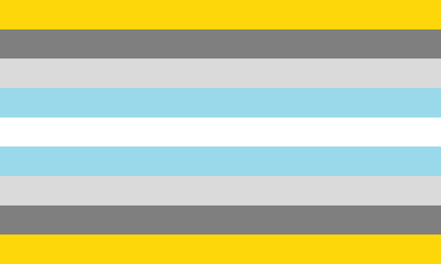 Nine stripes: dark yellow from intersex flag, dark grey, light grey, light blue, white, then it repeats symmetrically.