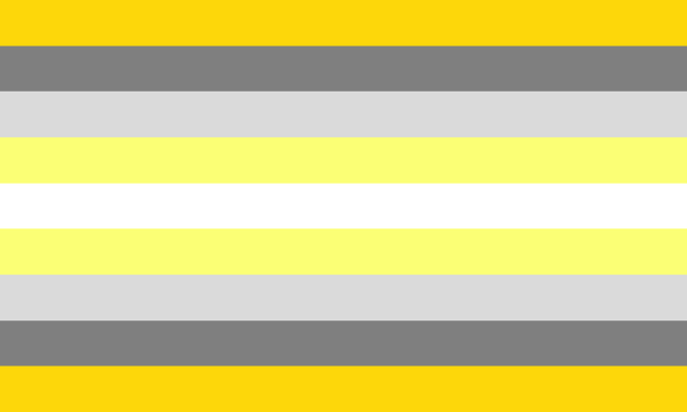 Nine stripes: dark yellow from intersex flag, dark grey, light grey, light yellow, white, then it repeats symmetrically.