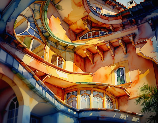 Looking up at a whimsical multi-story building, in vivid earth tones, with curved forms, arched windows, and several balconies, in a playful architectural design. Watercolor style.