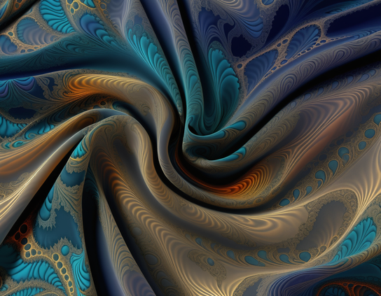 An abstract imaginary fabric, with swirling proto-floral patterns in subtle blues and golds and glowing orange accents.