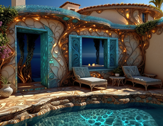 Luxurious poolside area on a sunny day, with blue windows, marbled stone patio, comfortable lounge chairs, walls covered by vines with tiny lights, and a shadow-dappled pool.
