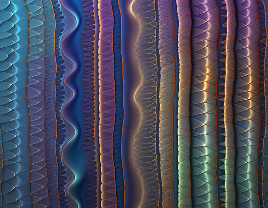 Abstract patterned curtains of an imaginary fabric in a spectrum of light-catching satiny gradients woven into intricate textures.