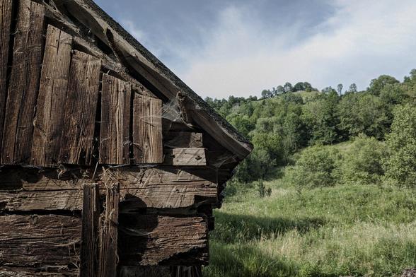 Part of an old barn can be seen in the afternoon sun. Its boards and beams are crooked and full of cobwebs. In the background you can see a hill which is partly covered with trees.