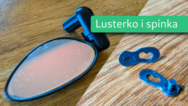 Ukośne połączenie dwóch zdjęć. Na prawym leży rozpięta na dwie części mała metalowa spinka do łańcucha, po lewej lusterko do roweru.