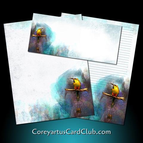 A graphic with an illustrated set of stationery featuring a turquoise-browed motmot. An arranged collage of the three pieces in it: an envelope and lined & unlined versions of a piece of paper. Text at the bottoms says CoreyartusCardClub.com