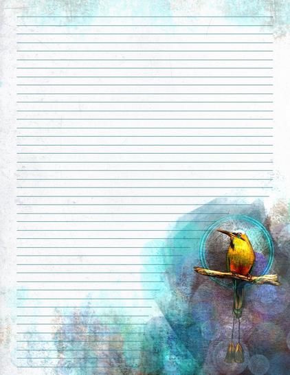 An illustrated page of lined paper featuring a turquoise-browed motmot in the lower right hand corner. Main colors are turquoise, brown and golden yellow.