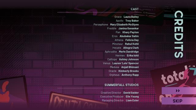 ekran końcowy Stray Gods: The Roleplaying Musical z listą aktorów i aktorek udzielających głosów w grze.