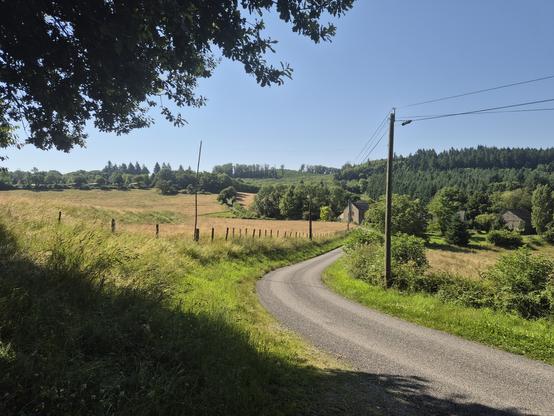 Groene heuvels, kronkelweggetje, boerderij
