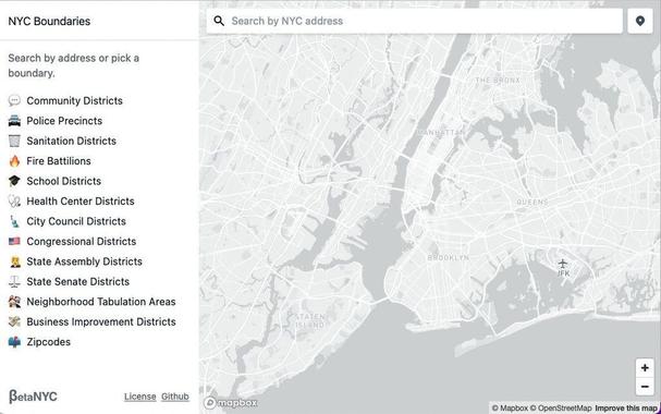 Photo of the NYC Boundaries Map homepage, which features a list of various district types on the left hand side and a map of NYC in grayscale. Users can type their address in the search bar on the top center to find all the districts their address lies in.