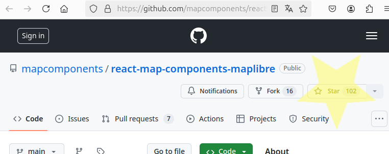 Screenshot of GitHub.com/mapcomponents. GitHub Star rating is at 102 and highlighted by a yellow star. You see some area of the GitHub dashboard around it with different GitHub functions like: code, issues, pull requests (7), and so on