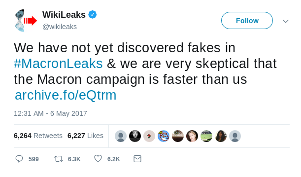 Wikileaks: we have not yet discovered fakes in MacronLeaks and we are very skeptical that the Macron campaign is faster than us