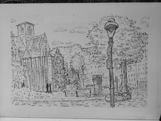 Black ink on paper.

Cityscape. On the left is a church, in front of which is a low building with long windows. There are many bushes, grass and trees on the forecourt. A poster column and lanterns. Individual people in front of the building. A lantern in the foreground. On the side of the square on the right are 2 cars. Blocks of flats in the background. In the sky are single clouds.