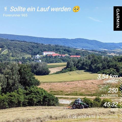 Hügelige Landschaft, ein Traktor wendet das Heu auf einer Wiese.
3,5 km Spazieren statt Laufen.