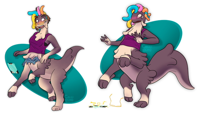 The background of both panels of this sequence have a simple teal oval with no further detail. In the first panel, Calli begins their transformation with a look of surprise. Their human features are undergoing significant changes: a second pair of eyes is opening just below their original pair, indicating the beginning of their transition to a Noxolotl. Their glasses are slipping off their face, unable to stay put amid the shifting facial structure. The transformation extends to their body where an additional pair of legs is sprouting from their lower chest, positioning their original legs to become the rear legs of their new centaur form. These changes are tearing through their clothing; what were once full-length jean pants are now shredded around their transforming legs. Calli wears a purple tank top, stretched and adjusting to their changing form. To the left, a Temcard is depicted in mid-fall. By the second panel, Calli's transformation is complete. They now resemble a centaur with the distinctive traits of a Noxolotl, including a robust and colorful mane cascading in blue, pink, and yellow hues. Their purple tank top now fully accommodates their new, larger form. Calli's hair had fully transformed to a thick, colorful mane. On the ground near their feet lie the remnants of the transformation: the broken Temcard and their shattered glasses, symbolizing the irreversible nature of their change.