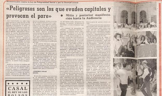 Recorte de periódico con la crónica de la manifestación de «homosexuales contra la Ley de Peligrosidad Social y por la libertad sexual». Titular: «Peligrosos son los que evaden capitales y provocan el paro».