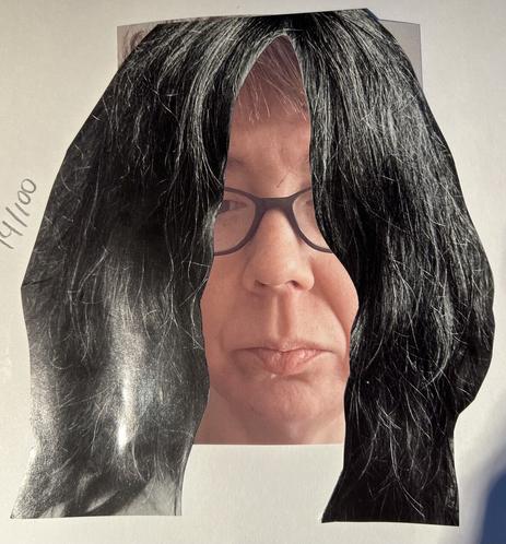 Collage in a sketchbook. Photo of a white Worman’s face, she has short brown hair and rectangular glasses with dark frames. On top of her face is collaged someone else’s long shaggy black hair, hanging down over her eyes.