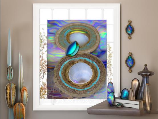 A surreal assemblage of shiny circular and rounded objects in a white frame on a beige wall, with  iridescent and polished metal knick knacks on a shelf to the right, and pod-like objects in shiny earth tones to the left.