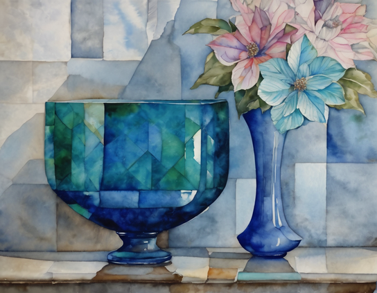 Still life with geometric motifs, of a blue glass bowl, a blue ceramic vase holding an arrangement of pink and blue flowers, on a tiled marble background. Watercolor style.