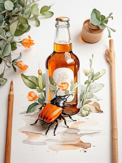 ②«Generated by LeonardoDiffusion»
(A small orange beetle resting on the bottom of a large brown beer bottle), botanical art, fine detailes, watercolor paint