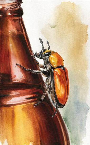 ③« Generated by ideogramai »
(Botanical art: small orange-color beetle and large brown beer bottle), fine details, watercolor-paint