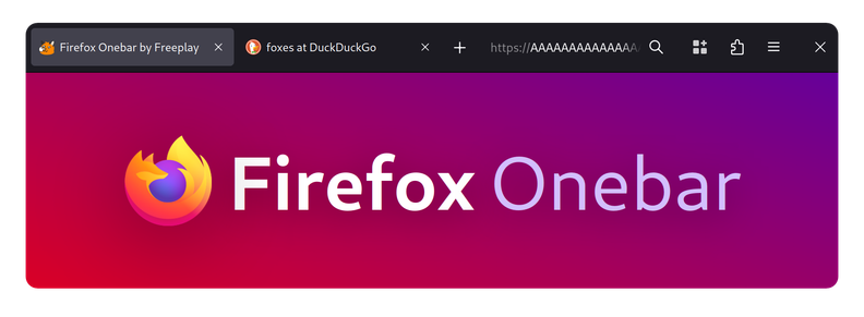 Firefox Onebar: showing the tabs & toolbox both combined into one bar. The page shows the text Firefox Onebar in the style of the Firefox wordmark, the background is a diagonal red to purple gradient