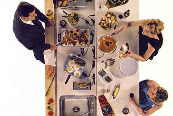 1959 Cooking Party Preparation

"A group of people are standing around a large table laden with various ingredients and cooking equipment, preparing to cook a meal.
The scene suggests a collaborative effort and a festive atmosphere.
The individuals are dressed in casual clothing and appear engaged in their tasks.
In the foreground, there is a kitchen island with an assortment of food items, including eggs and tomatoes, as well as several bowls and utensils.
The background shows a larger area of the table, covered in more ingredients, with people focused on their cooking stations."