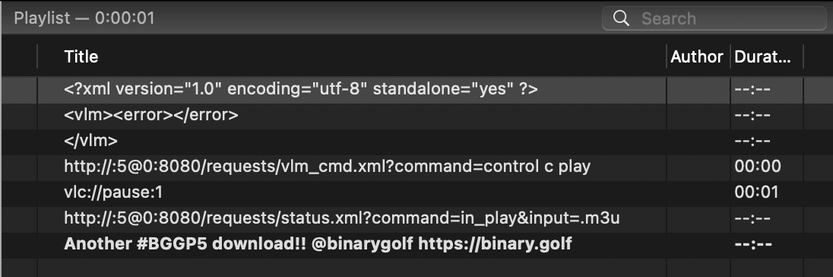 VLC showing a playlist, with the BGGP5 file contents shown.
