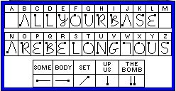 A Palm Graffiti reference grid, where the A-Z strokes are replaced with the Graffiti characters "ALLYOURBASE" in the A-M row, "AREBELONGTOUS" in the N-Z row, and text editing stroke labels replaced with "SOME", "BODY", "SET" "UP US" and "THE BOMB". Notably, the strokes for "THE BOMB" are similar to two exclamation points. The timestamp in the original GIF is March 21, 2001.