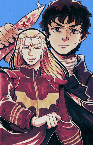 Gundam fan art. A drawing of a couple of characters from Char's Counterattack, drawn as vampire and vampire hunter respectively. Char is a man with long blond hair tied in a large black ribbon. His hair is styled back, though several loose hairs fall on his forehead. There's a large scar between his brows. Char wears a red and god military uniform with a bat wing motif on his chest and a long cape that he waves around dramatically with his right hand, smirking and showing his fangs.

In the background is Amuro, a man with short dark curly hair wearing a white turtleneck under a jacket. He stares ahead of him with a serious if nervous expression, holding up a wooden stake with his right hand.