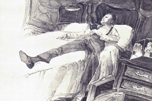 1964 The Man in the Bed

"An illustration of a man lying on a bed, with a pillow propped behind him.
He is depicted in a relaxed posture, possibly resting or asleep.
The room appears to be a traditional bedroom setting with furnishings and personal items around."