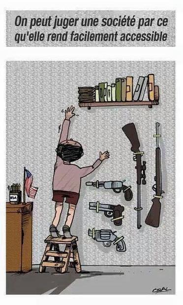 On peut juger une société par ce qu'elle rend facilement accessible. 

A young person standing on a stepladder reaching for a bookshelf past a collection of guns on a wall.